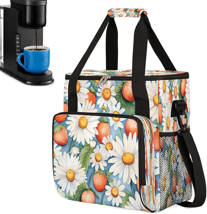 Strawberry Daisy Coffee Maker Carring Bag Travel Carrying Storage Tote Bag Compatible with Keurig K-Mini or K-Mini Plus Portable Single Serve Coffee Brewer Case with Pockets for K-cup Pods