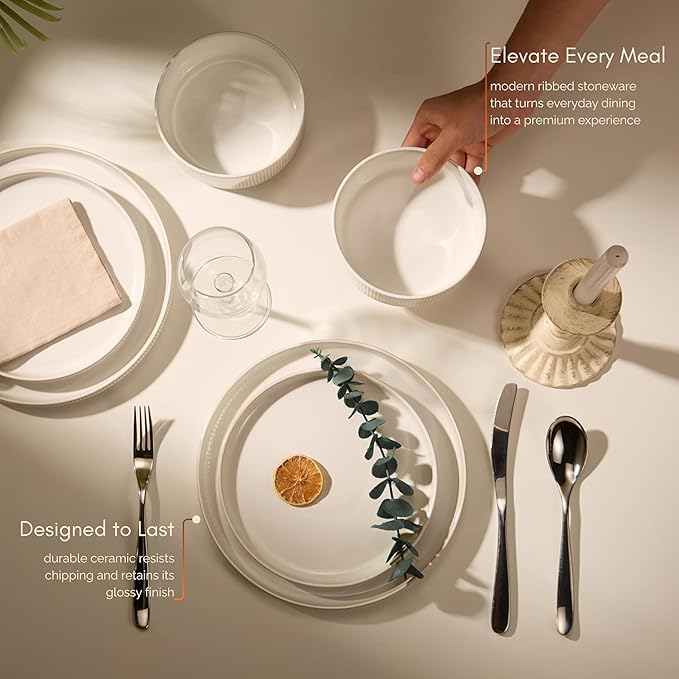 Ceramic Dinnerware Set by Vase and Vessel 12-Piece Service for 4 9.8” Dinner Plates 8” Salad Plates 20 oz Bowls Ombre Reactive Glaze Durable Stoneware Microwave &amp Dishwasher (Powder White)