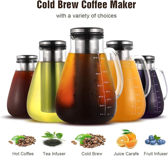 Cold Brew Iced Coffee Maker 51oz Brewed Coffee Pot with Removable Double Mesh 304 Stainless Steel Filter BPA-Free Cold Brew Pitcher Glass Container Tea Maker