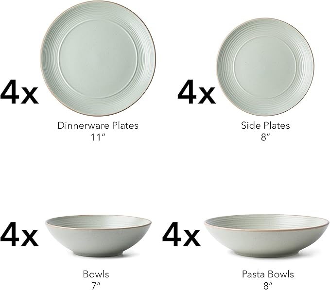 RINGAR Round Stoneware 16pc Double Bowl Dinnerware Set for 4 Dinner Plates Side Plates Cereal Bowls Pasta Bowls - Speckle Matte White (405878)
