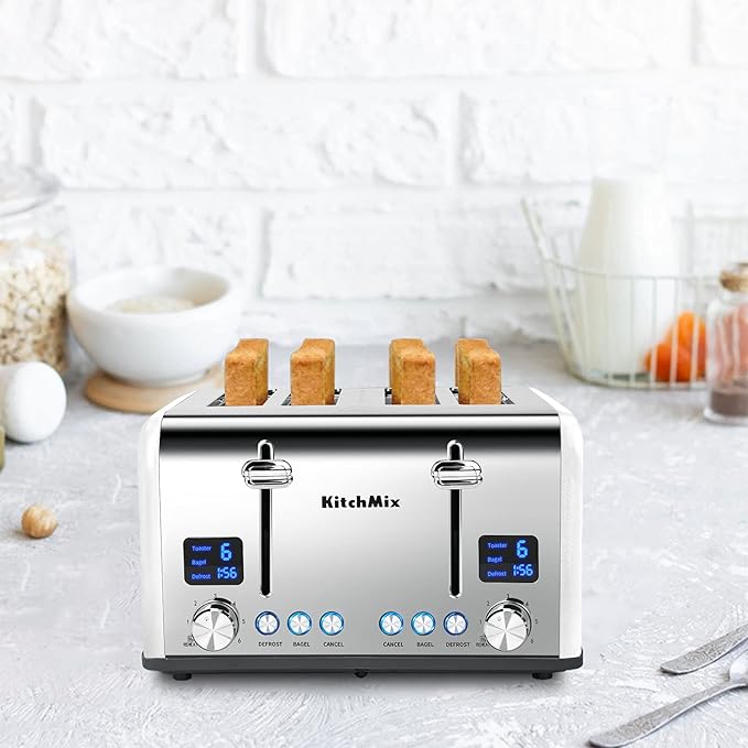 Toaster 4 Slice KitchMix Bagel Stainless Toaster with LCD Timer Extra Wide Slots Dual Screen Removal Crumb Tray (White)