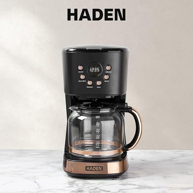 HADEN Coffee Machine 12 Cup Programmable Drip Coffee Maker with Auto Shut-Off Function and Reusable Washable Water Filter Black &amp Copper
