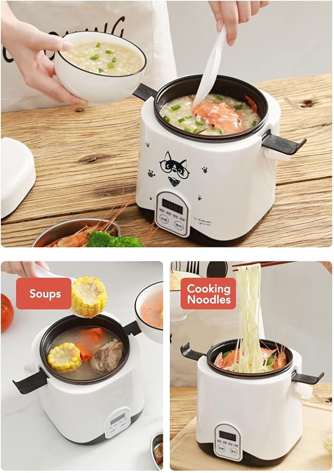 Rice Cooker 1.2L Small Rice Cooker with Non Stick Inner Pot Steaming Plate Rice Spoon 24H Reservation And Temperature Control for Car Camping Travel
