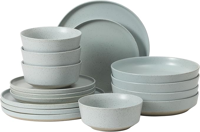 Gibson Elite Overbrook 16-Piece Pottery Clay Stoneware Dinnerware Set – Light Blue Reactive Glaze Stackable Plates and Bowls w/Pasta Bowl Service for 4 – Microwave &amp Dishwasher Safe