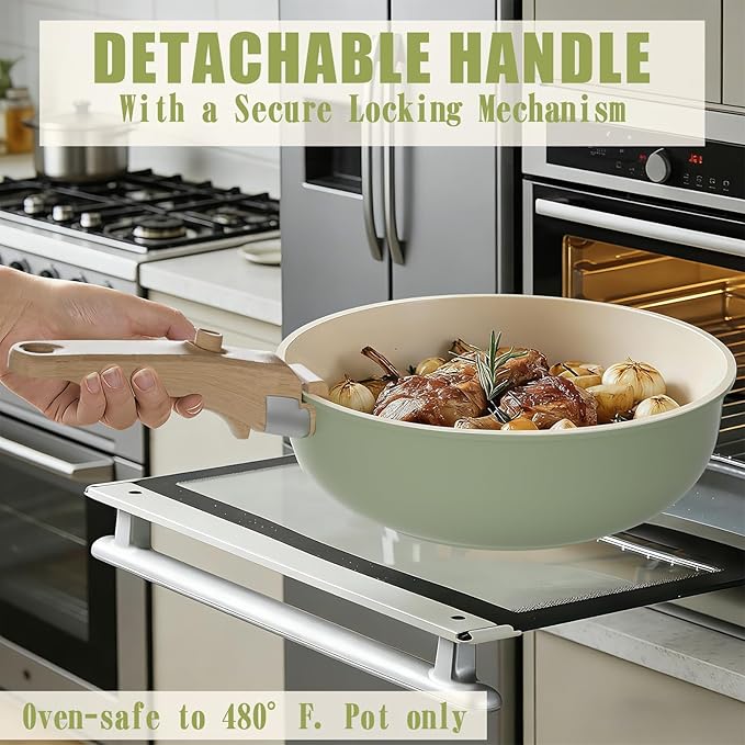 Umite Chef Non Stick Pots and Pans Set 21 Pcs Ceramic Kitchen Cookware Set with Detachable Handle Nonstick Healthy Induction Cookware Dishwasher RV Cookware Set Oven Safe Stackable Sage Green