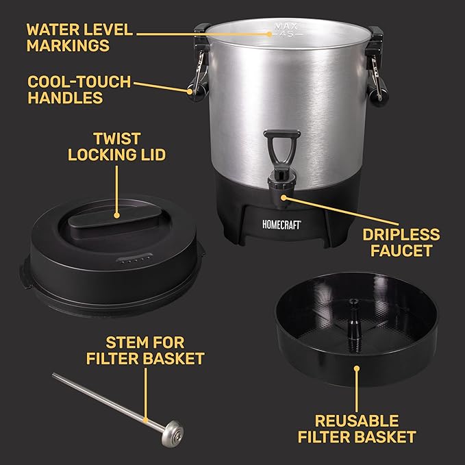 Homecraft 45-Cup Coffee &amp Hot Beverage Urn - Quick Brewing Drip-Free Spout Water Level Markings Reusable Filter &amp Carry Handles - Aluminum