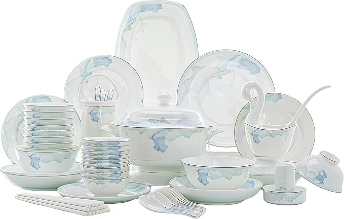 60 Pcs Fine Bone China Dinnerware Set Porcelain&ampCeramic Dinnerware SetsBone Stoneware&ampCeramic Cookware Tableware Set Includes Dinner Plates|Spoons|Pasta Bowls|Soup Pot|Chopsticks