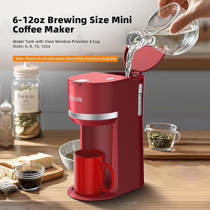 Mini Single Serve Coffee Maker for K Cup and Ground Coffee Fast Brew One Cup Coffee Machine with Descaling Reminder and Water Window 6 to 12 oz. Brew Sizes Red