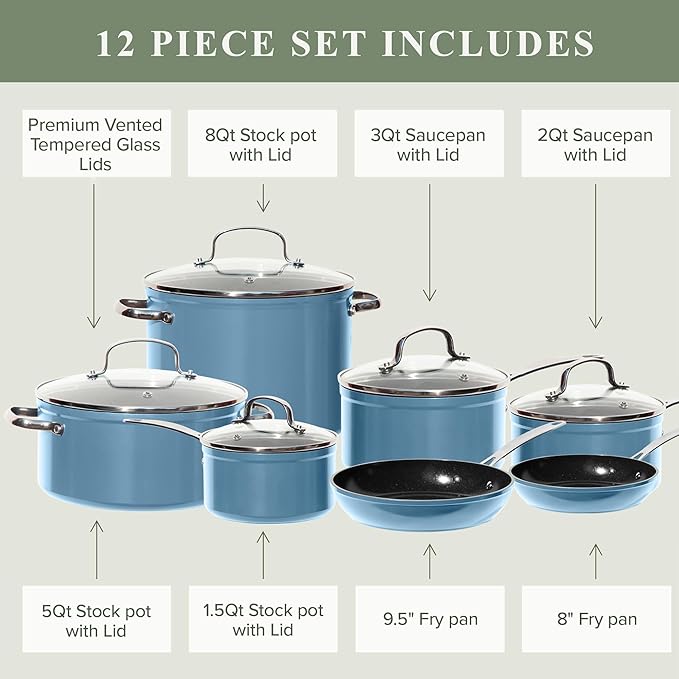 Nuwave Healthy Duralon Blue Ceramic Nonstick Cookware Set Diamond Infused Scratch-Resistant PFAS Free Dishwasher &amp Oven Safe Induction Ready &amp Evenly Heats Tempered Glass Lids &amp Stay-