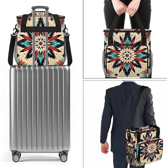 Traditional Aztec Coffee Maker Carrying Bag Geometry Flower Travel Storage Bag Compatible with K-Mini or K-Mini Plus Single Serve Coffee Brewer Carrying Case with Multiple Pockets &amp Shoulder Str