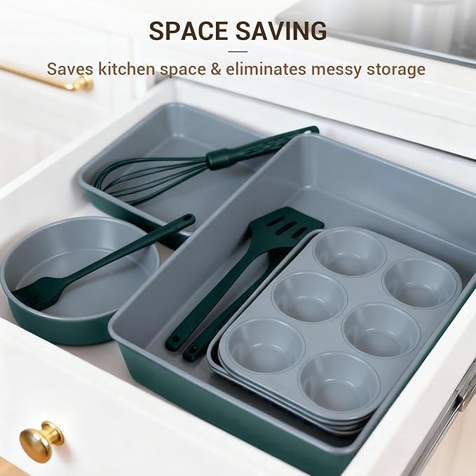 Ammeloo 18-Piece Ceramic Pots and Pans Set &amp 22-Piece Baking Pans Set Stackable Bakeware Hunter Green