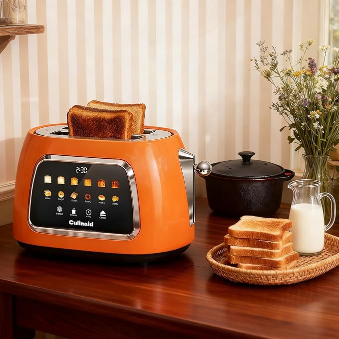 Toaster 2 Slice Smart Touch Screen Retro 1.5'' Extra Wide Slot Stainless Steel Digital Bread Toaster with Memory Function Bagel Defrost 6 Browning Level and Removable Crumb Tray Orange