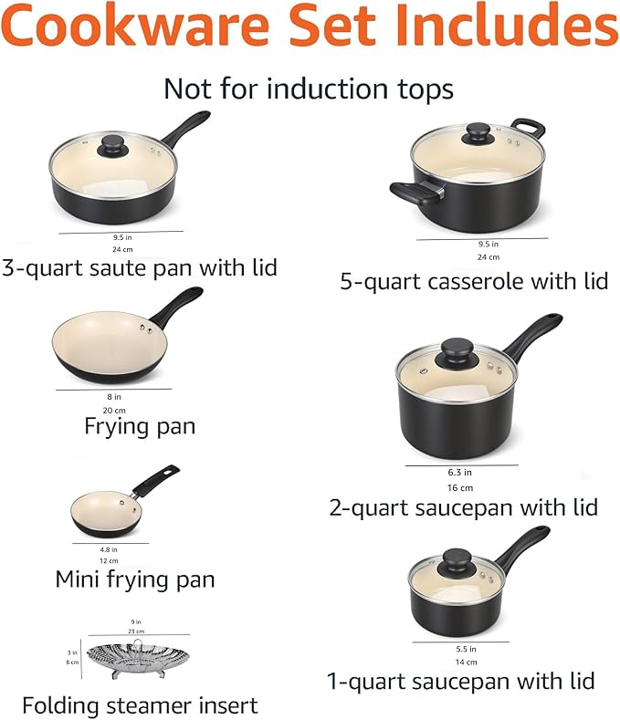 Amazon Basics 11-Piece Ceramic Non-Stick Pots and Pans Set Dishwasher &amp Oven Safe Easy Clean Glass Lids Black/Cream