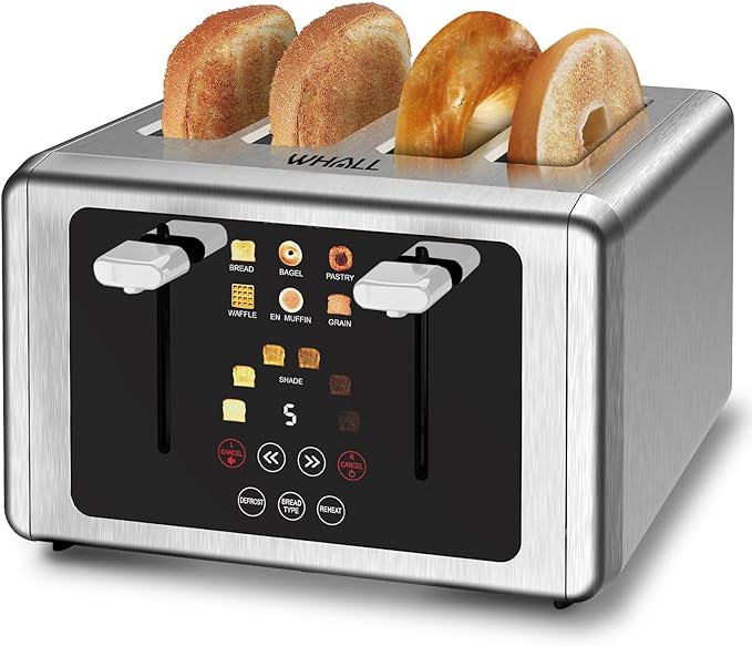 WHALL Touch Screen Toaster 4 Slice Smart Digital Toaster with 1.5 Wide Slots 6 Shade Settings &amp 6 Bread Types Memory Function Countdown Timer Brushed StainlessIdeal Kitchen Gift(Silver 4)