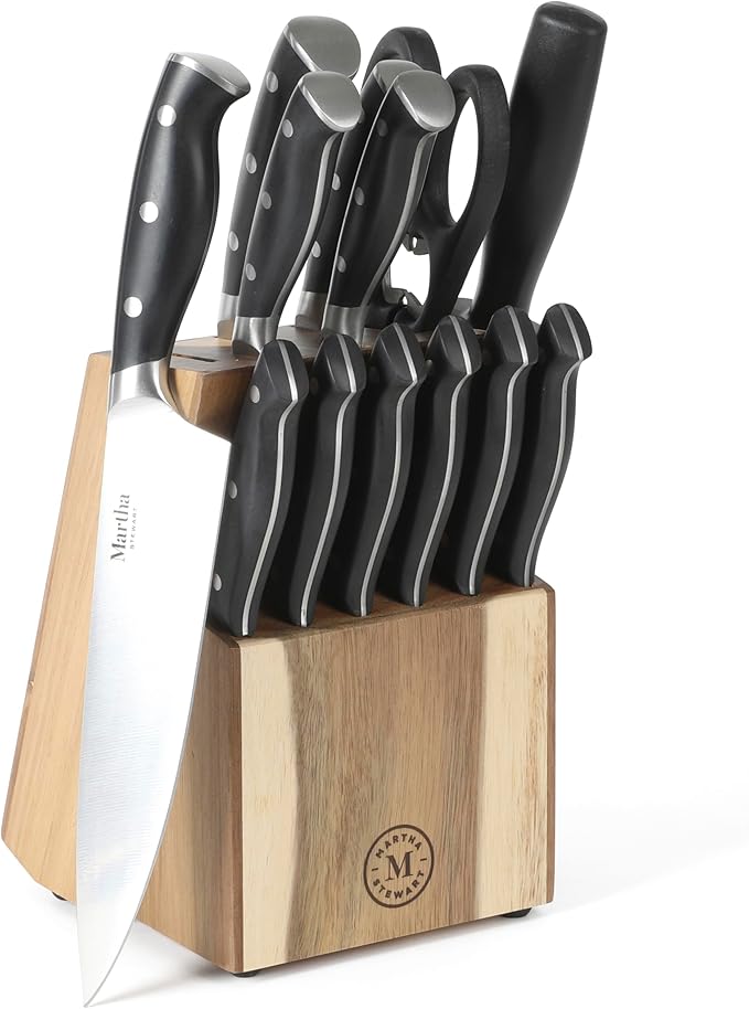 Martha Stewart 10 Piece Hard Anodized Aluminum Cookware Set and 14 Piece Stainless Steel Cutlery Knife Block Set Bundle