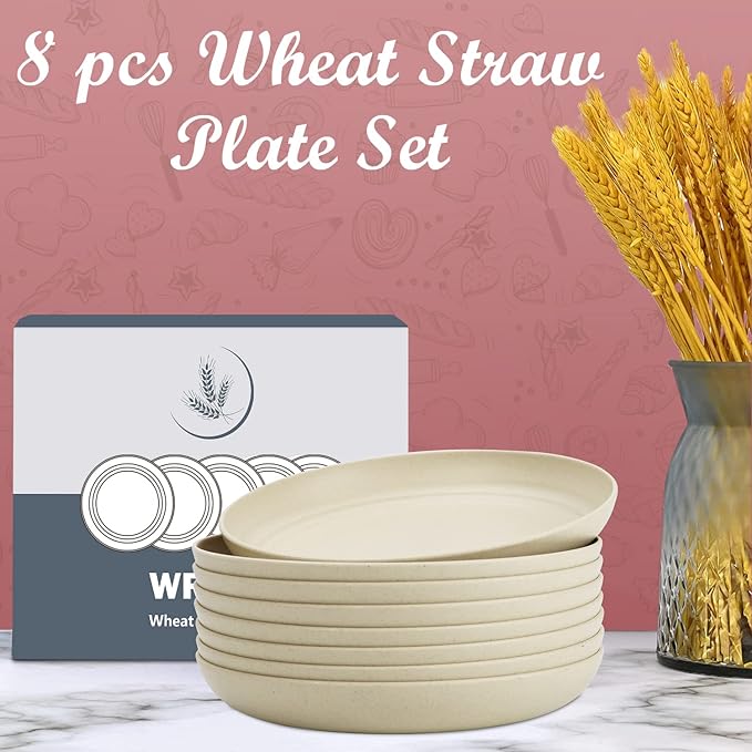 Wrova wheat straw bowls and plates sets with 12oz cups - unbreakable dinnerware sets of 22 - Beige series 2