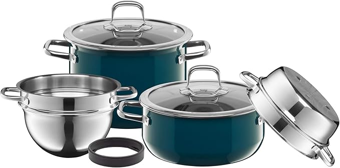Silit Compact 4-Piece Induction Saucepan Set with Glass Lid Silargan Functional Ceramic Induction Pots Set Nickel-Free Petrol Blue