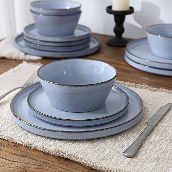 Famiware Annecy Dinner Plates and Bowls Sets Stoneware Dinnerware Sets Dishes Set for 6 18 Pieces Handmade Dishware Set - Microwave &amp Dishwasher Safe Double Reactive Glaze Tableware Reactive