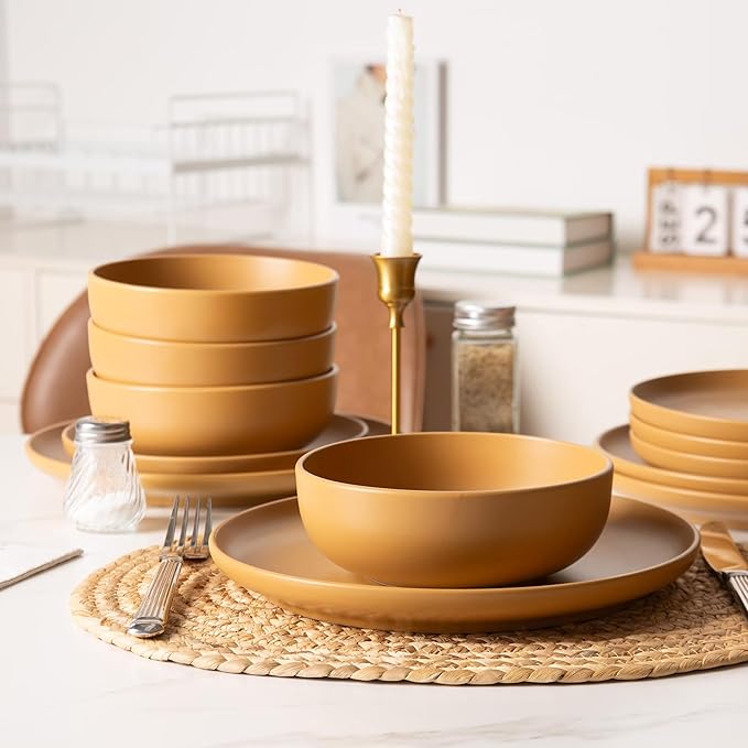 12-Piece Stoneware Dinnerware Set with Mugs | Microwave and Dishwasher Friendly | Stackable Matte Glaze Plates &amp Bowls | Service for 3 (Orange for 4)