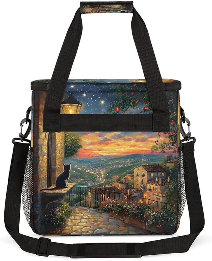 Light Night Scene Cat Flower Coffee Maker Carring Bag Travel Carrying Storage Tote Bag Compatible with Keurig K-Mini or K-Mini Plus Portable Single Serve Coffee Brewer Case with Pockets