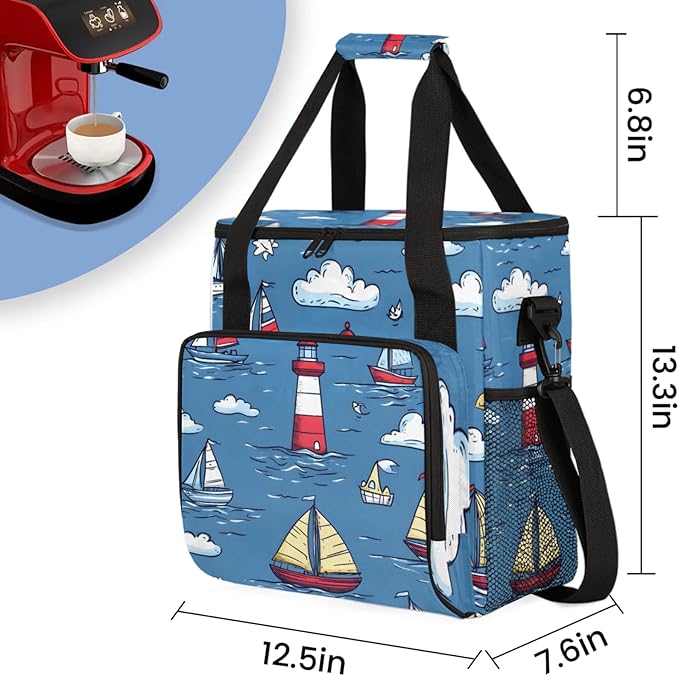 Cartoon Ocean Ship Coffee Maker Travel Bag for Keurig K-Mini/K-Mini Plus Insulated Waterproof Tote with Pockets for K-Cup Portable Single-Serve Brewer Case