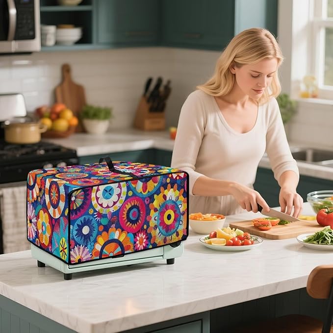Boho Floral Toaster Oven Cover Heavy Duty Heat-resistant Waterproof Dust-Proof Protective Case with Side Pockets for Bake Air Fry Toaster Oven Easy Maintenance