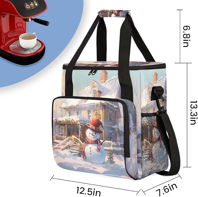 Xmas Snowman Coffee Maker Carrying Bag Retro Snowman Travel Storage Bag Compatible with K-Mini or K-Mini Plus Single Serve Coffee Brewer Carrying Case with Multiple Pockets &amp Shoulder Strap