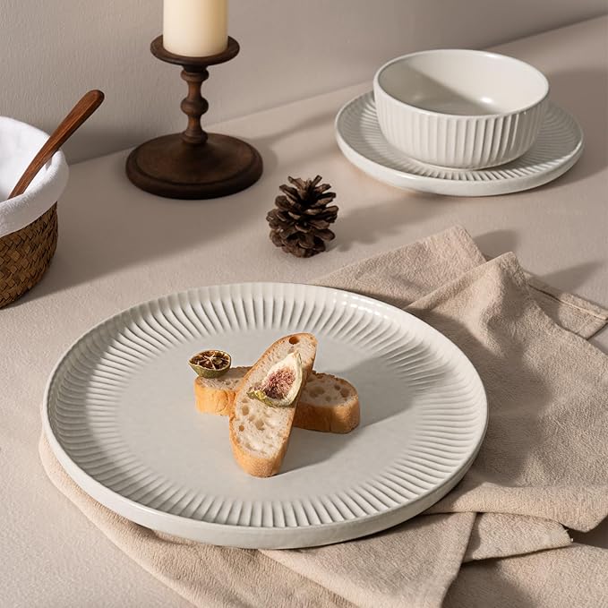 Famiware Starlight Plates and Bowls Dishes Set of 8 (24 Pieces) Ribbed Textured Stoneware Dinnerware Sets- Dishwasher &amp Microwave Safe Chip Resistant Matte Reactive White