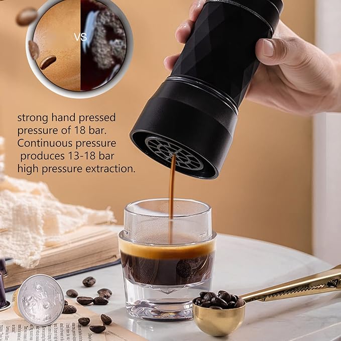 Maual Hand Coffee Maker Portable Travel Coffee Machine Compatible Ground Coffee and Coffee for Camping Hiking (Black)