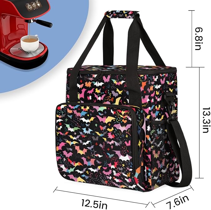 Colorful Bat Coffee Maker Carrying Bag Glitter Bat Travel Storage Bag Compatible with K-Mini or K-Mini Plus Single Serve Coffee Brewer Carrying Case with Multiple Pockets &amp Shoulder Strap