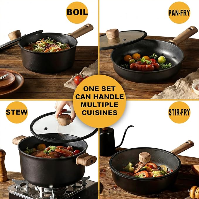 Non-Stick Titanium Cookware Set Multi-Functional Frying Pans Sauce Pans with Lids Cooking Pot Sets Pots and Pans Set with All Stovetops for Boiling/Stir-Frying/Stewing13Piece
