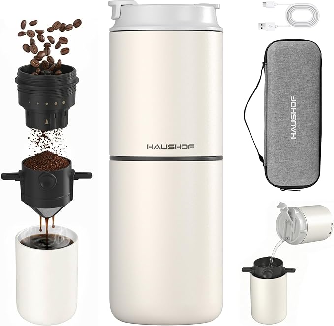 HAUSHOF Portable Coffee Maker Travel Coffee Maker Battery Operated Small Pour Over Set Compact Coffee Maker with Electric Grinder &amp Insulated Mug for Travel Camping Car
