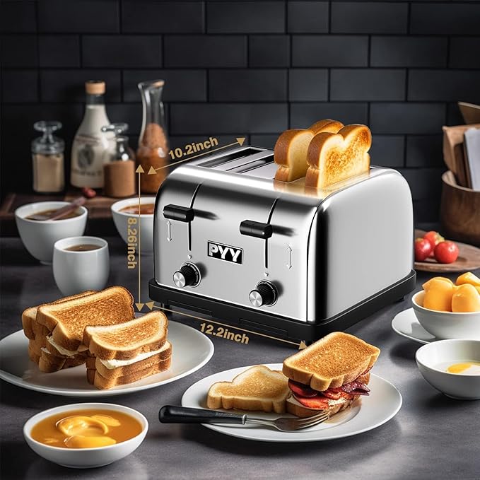 PYY Toaster Commercial 4 Slices- 225 Slices/Hour 1800W Pop Up Wide Slots 1.57 inch Stainless Steel 6-Level Setting