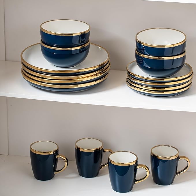 Stoneware Tableware Set for 4 Ceramic Dinnerware Sets with Gold Trim Including 10.5 Dinner Plates 7.75 Dessert Plates 6 Dinner Plates and 14oz Coffee Cups Porcelain (Blue Glod)