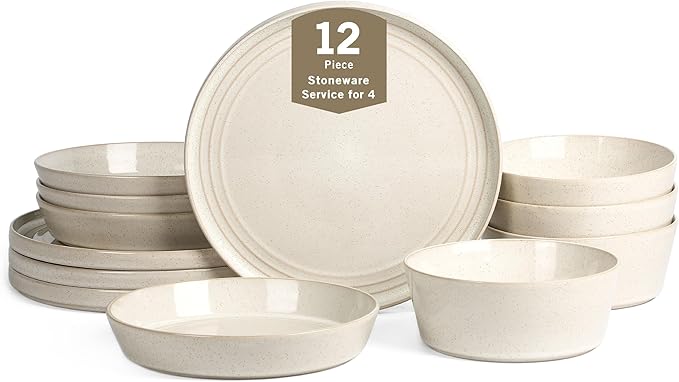 Stone Lain Claire 12-Piece Dinnerware Set Stoneware Plates and Bowls Set Dishwasher and Microwave Safe Dish Set for 4 White