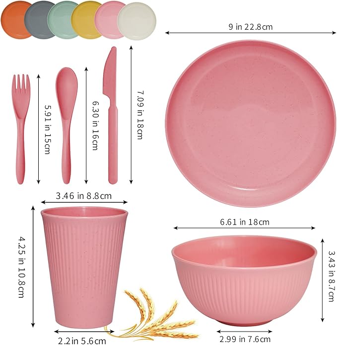 36 pcs Wheat Straw Dinnerware Sets DAPIPIK Unbreakable Reusable Dinnerware Set Lightweight Camping Plates Cups and Bowls Set. Dishwasher Microwave Safe Dinnerware