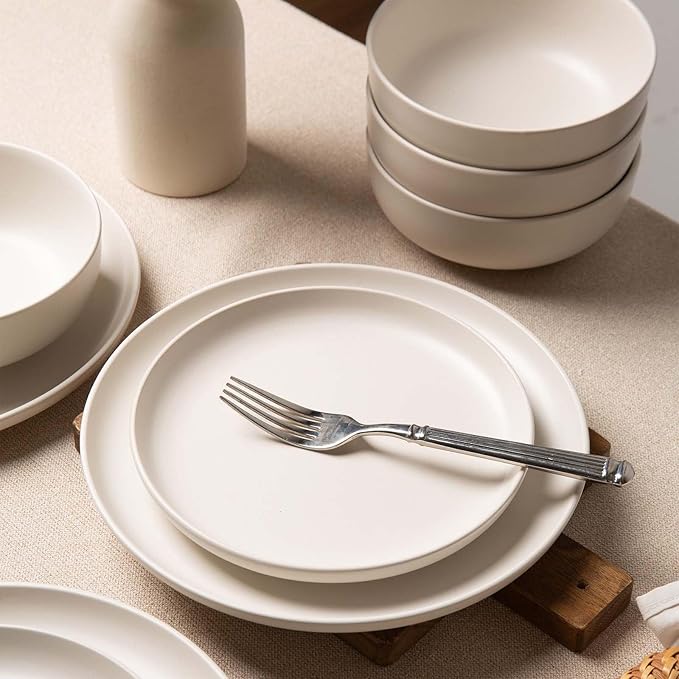Plates and Bowls Sets 12 Pieces Modern Stoneware Dinnerware Sets Stackable Matte Glaze Kitchen Stoneware Plates and Bowls Set for 4 People Microwave and Dishwasher Safe(White)