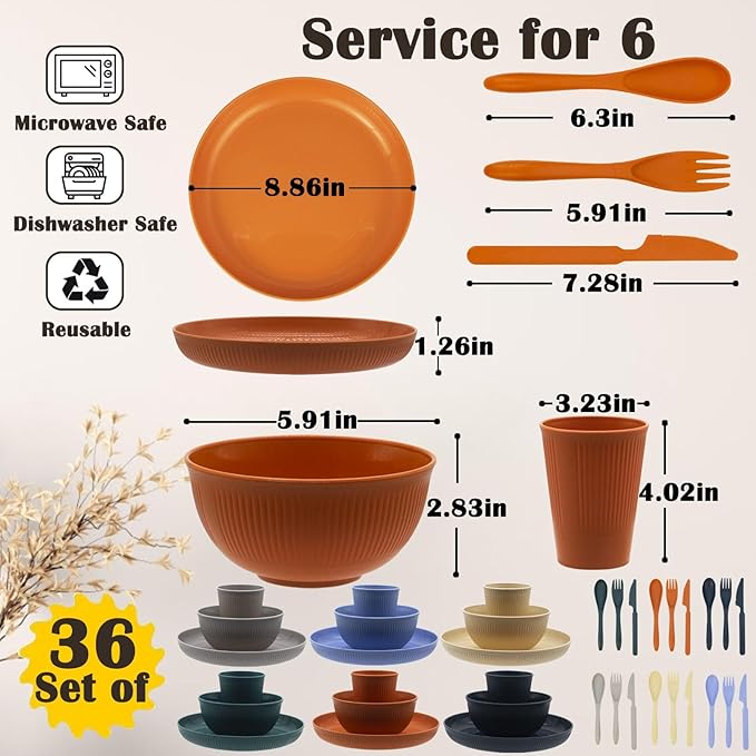 Wheat Straw Dinnerware Set 36pcs Dishes Plates and Bowls Sets Service for 6 Reusable Dinnerware Set Kitchen Cups Plates and Bowls Sets