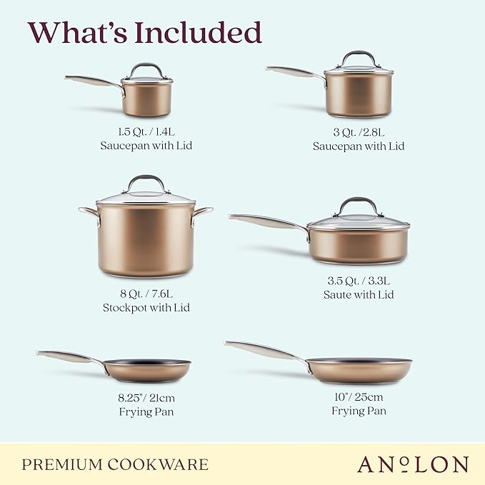 Anolon Ascend Hard Anodized Nonstick Cookware/Pots and Pans Set - Good for All Stovetops (Gas Glass Top Electric &amp Induction) Dishwasher &amp Oven Safe with Stainless Steel Handles 10 Piece -