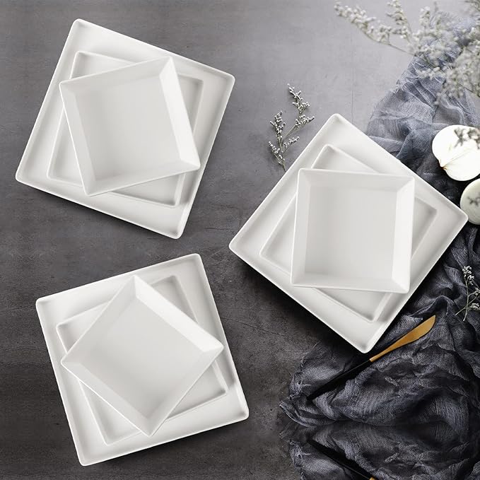 12 Piece Square Melamine Dinnerware Sets for 4 - Plastic Matte White Plates and Bowls Sets Best for Indoor Outdoor Grill Holiday Party Camping BPA-Free Dishwasher Safe