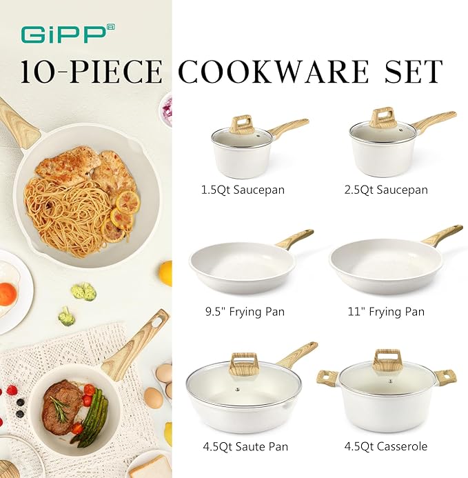 GiPP Pots and Pans Set Non Stick - 10 Pcs White Granite Kitchen Cookware Sets Nonstick Induction Cookware Non-toxic Cooking Pan Set with Lids PFOS and PFOA Free