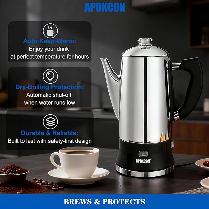 Electric Coffee Percolator Stainless Steel Coffee Maker with Clear Brew Progress Tough Glass Knob and On/OFF Switch Classic Coffee Pot with Keep Warm &amp Cordless Serve No Aluminum (12 Cup)