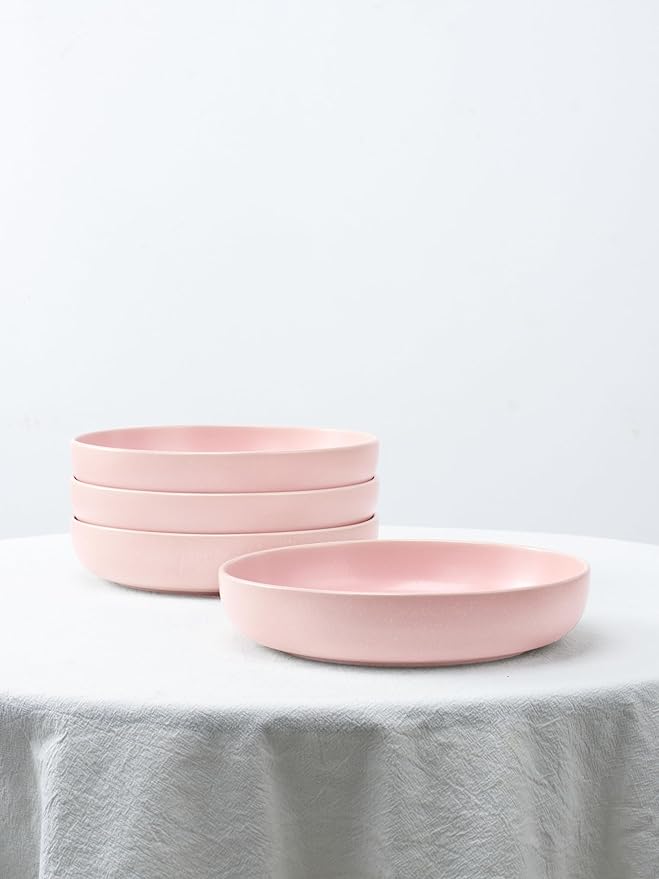 Famiware Milkyway Plates and Bowls Set 12 Pieces Dinnerware Sets and 4 Pieces Pasta Bowls Double Reactive Glaze Sturdy &amp Stackable Stoneware Dishes Set for 4 Light Pink