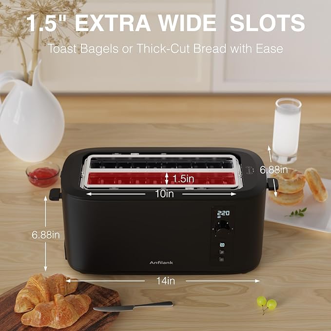 Toaster 4 Slice Long Extra Wide Slot 1.5 with Countdown Timer 6 Browning Settings Built-in Warming Rack Bagel/Cancel/Defrost Functions Removable Crumb Tray-Matteblack