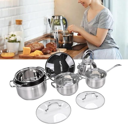 13 Piece Stainless Steel Cookware Set Pots and Pans Set with Glass Lids Complete Kitchen Cooking for Frying Boiling Soup Making