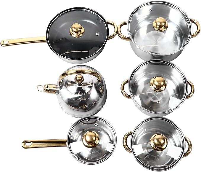 12 Pcs Pots and Pans Set Stainless Steel Kitchen Cookware Set with Lid kitchen Cooking Sets Compatible with Gas Electric and Induction