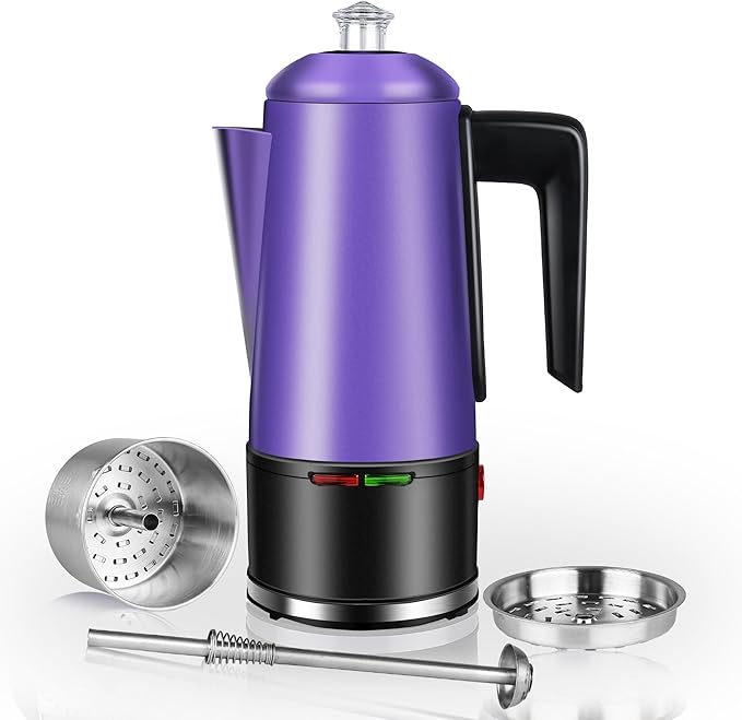 HOMOKUS Electric Coffee Percolator 12 CUPS Percolator Coffee Pot Stainless Steel Percolator Coffee Maker with Clear Knob Cool-touch Handle Auto Keep Warm Function (Purple)