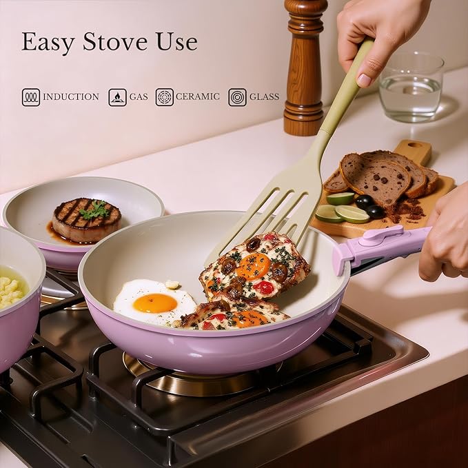 Pots and Pans Set Non Stick Ceramic Cookware Set Detachable Handle RV Camping Kitchen Cooking Set Removable Handles Dishwasher/Oven/Fridge Safe Induction Space SavingPINK