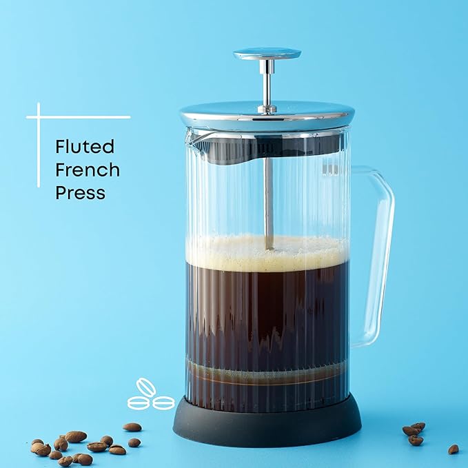 JoyJolt Fluted French Press Coffee and Tea Maker Set 33.8oz Stainless Steel Press Borosilicate Glass Coffee Press Cold Brew Portable French Press Tea Press Large clear