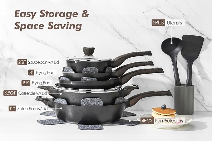 SENSARTE 14 Pcs Non Stick Kitchen Cooking Set20 Pcs Induction Cookware Sets Non-toxic Healthy Non Stick Kitchen Cooking Set PFOA PFOS Free